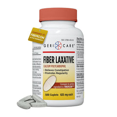 GeriCare Fiber Laxative bottle front view highlighting 625 mg calcium polycarbophil