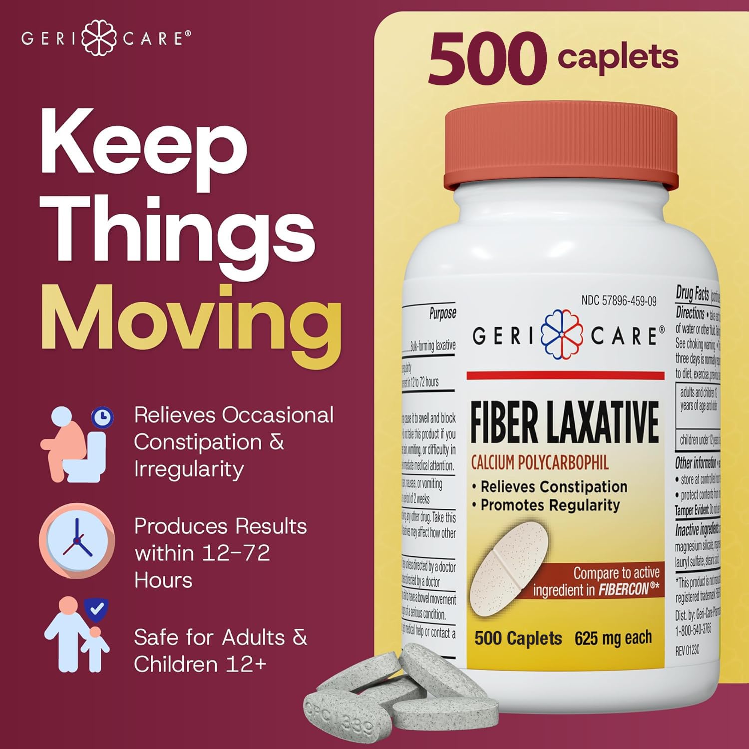 GeriCare Fiber Laxative bottle side angle shows caplets for easy daily use