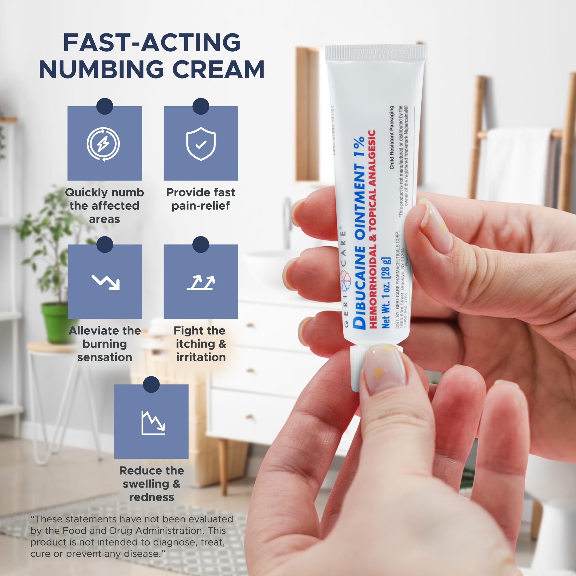 Hand applying GeriCare hemorrhoid ointment externally.