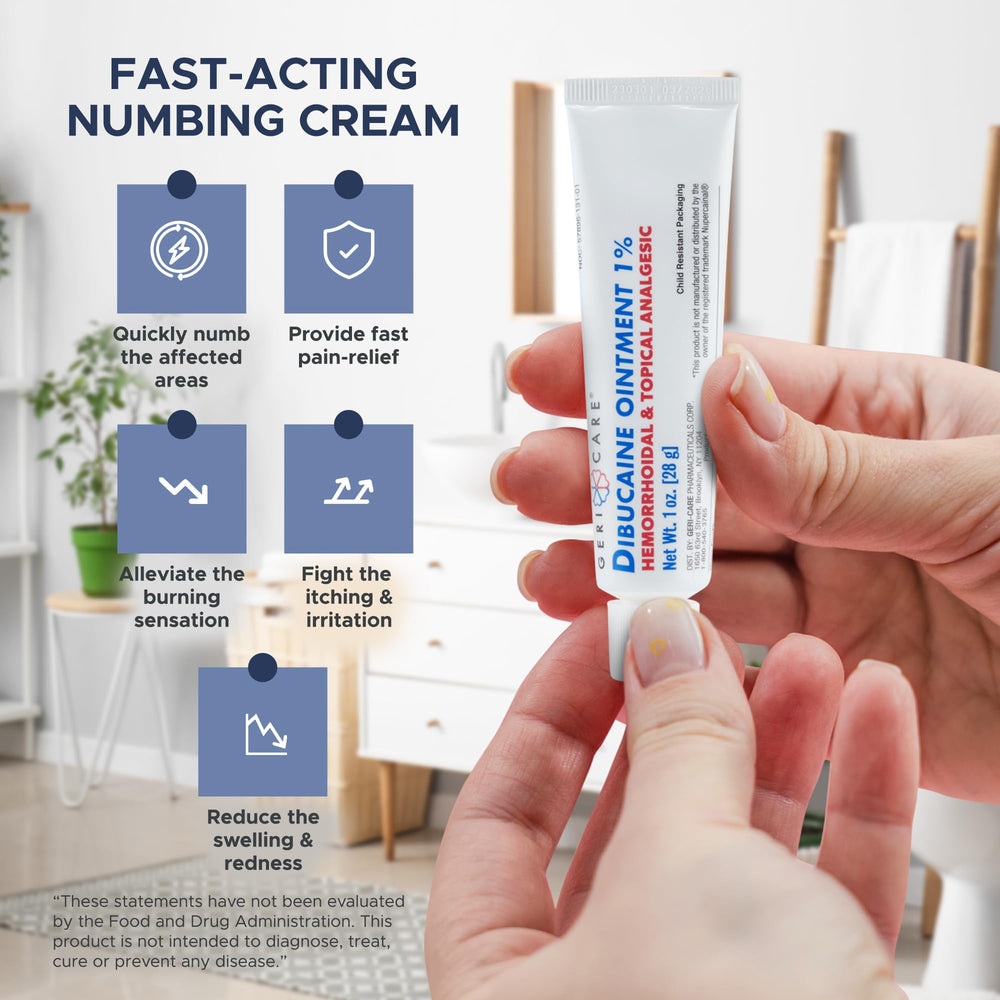 Hand applying GeriCare hemorrhoid ointment externally.