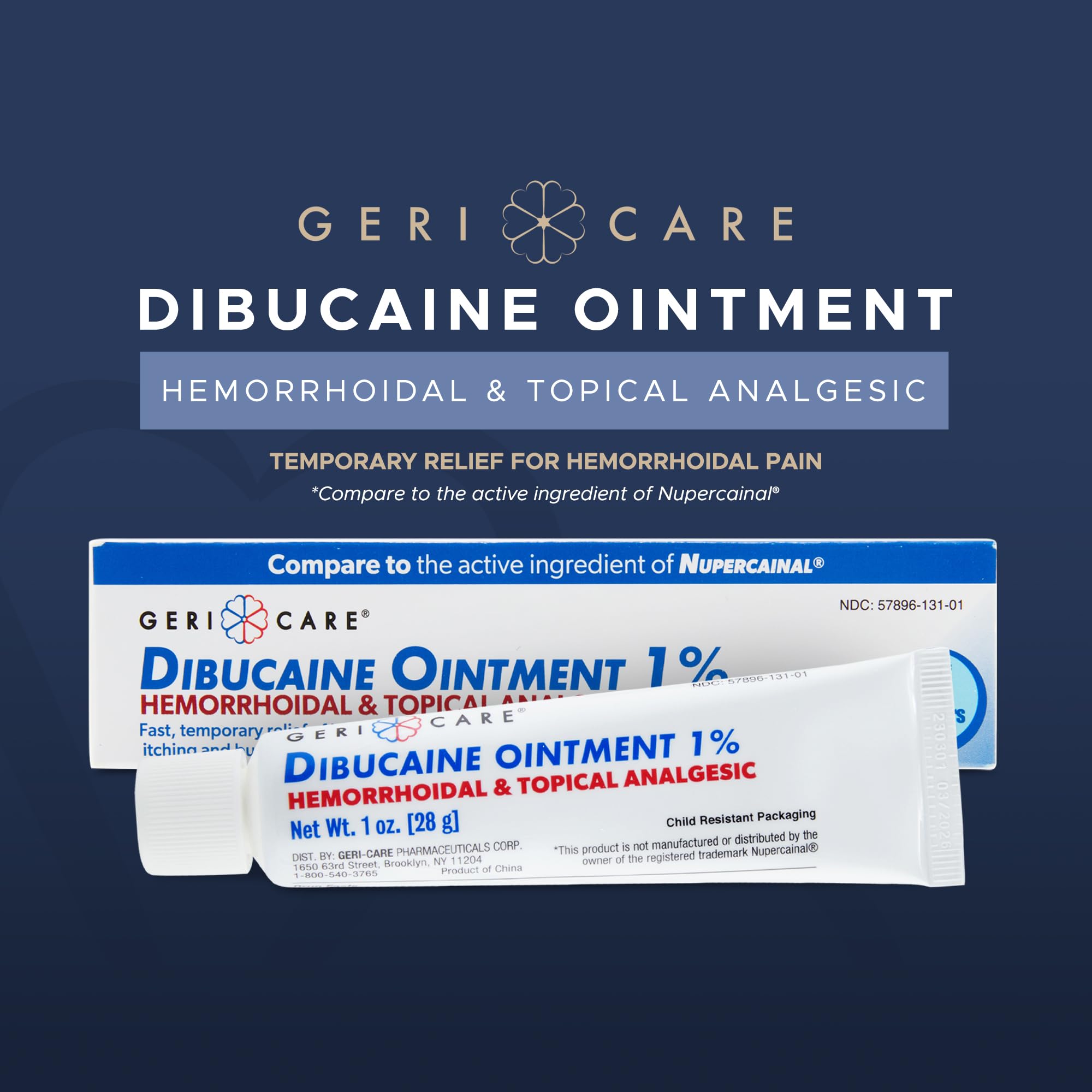 GeriCare hemorrhoid ointment packaging box for easy storage.