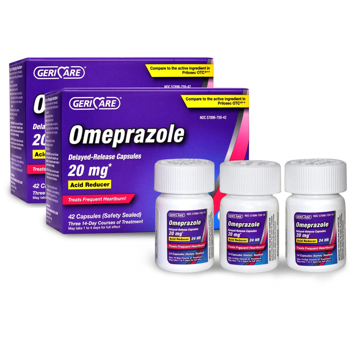 GeriCare Omeprazole delayed-release capsules in bottle, front view showing packaging.