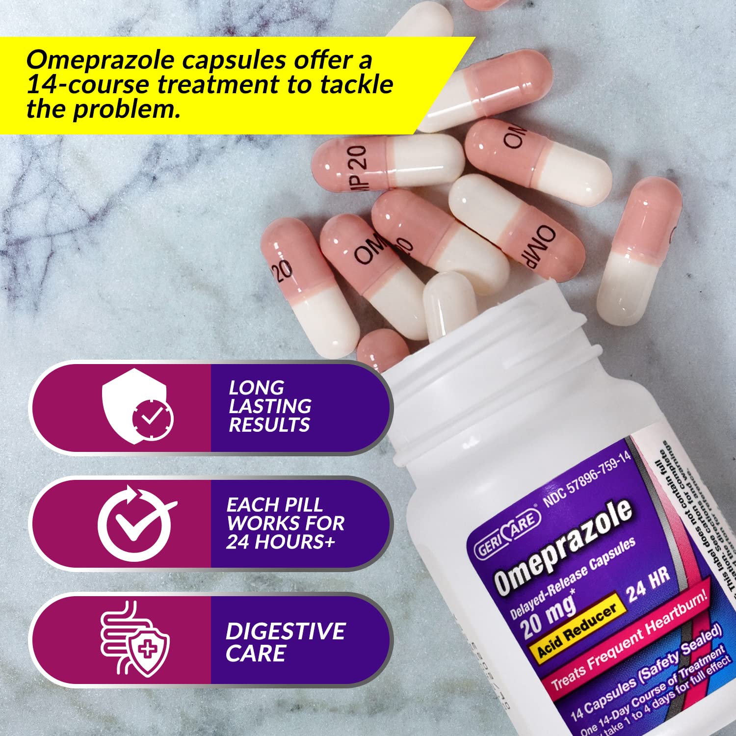 GeriCare Omeprazole foil-pack box highlighting two-pack option.