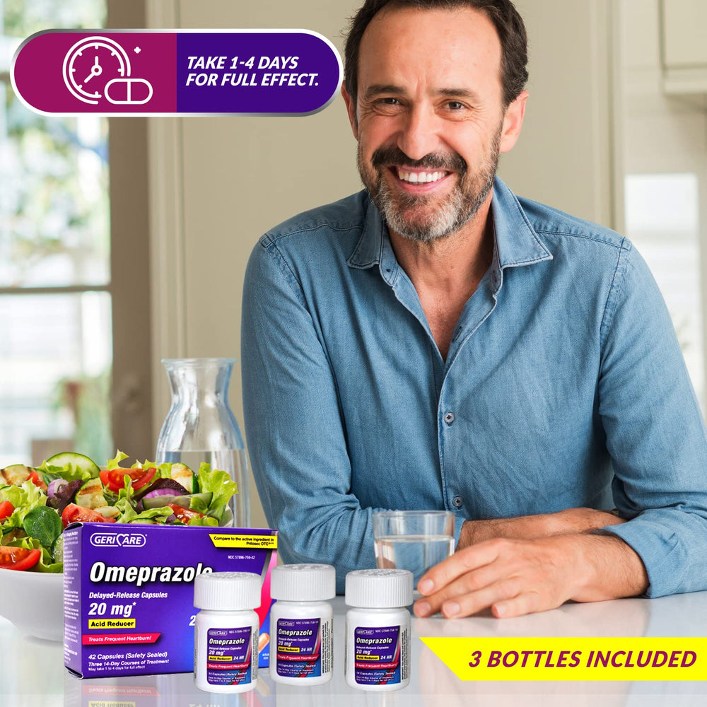 GeriCare Omeprazole packaged on a shelf for easy purchase.