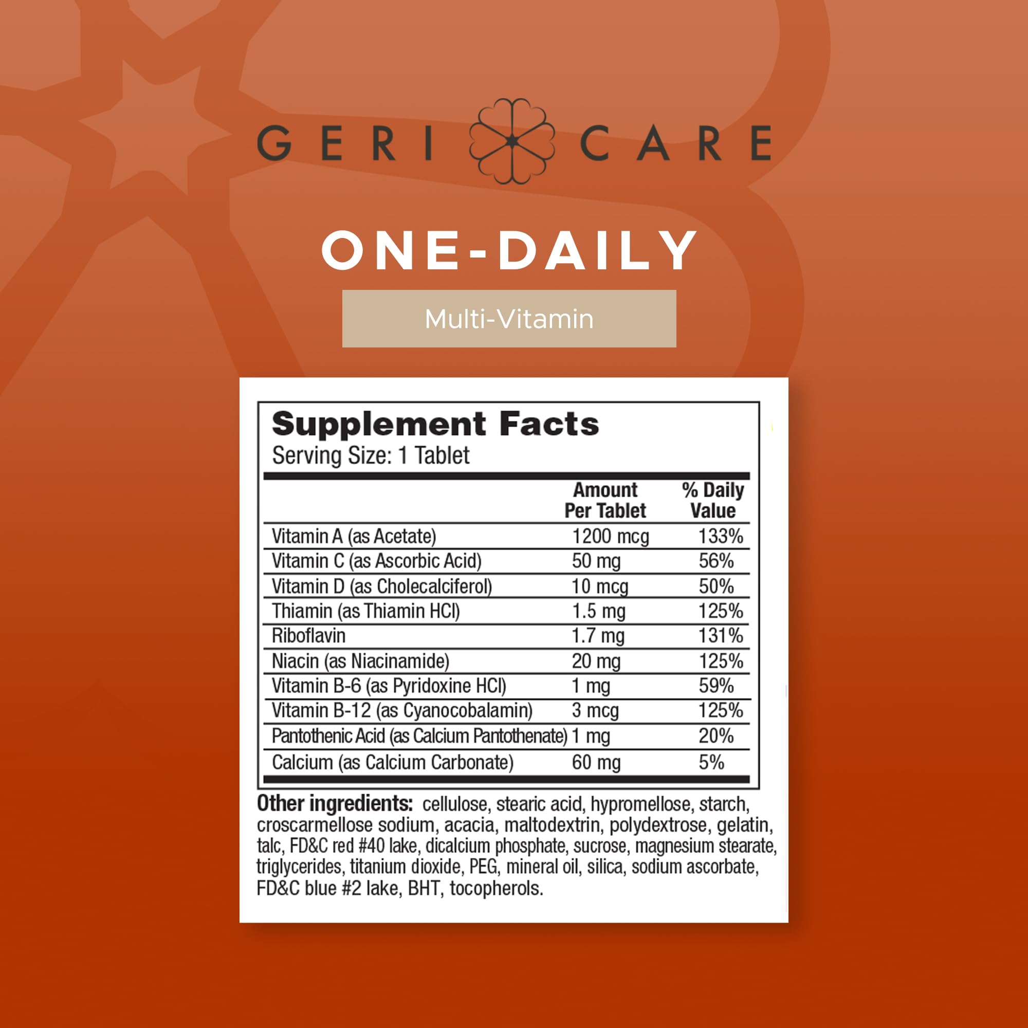 GeriCare One-Daily label close-up listing vitamins and minerals.