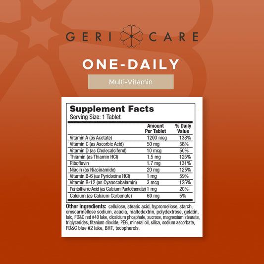 GeriCare One-Daily label close-up listing vitamins and minerals.