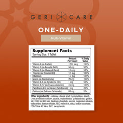 GeriCare One-Daily label close-up listing vitamins and minerals.