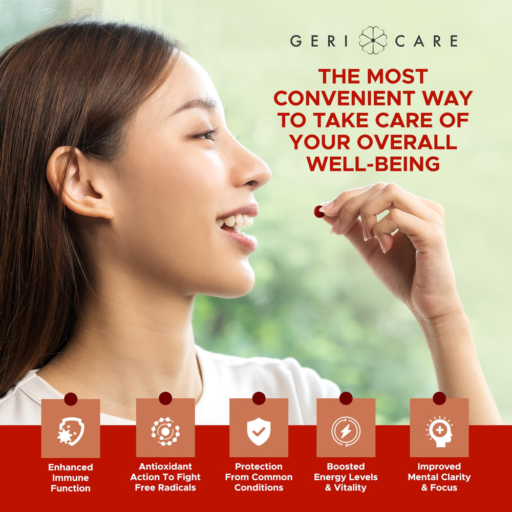 GeriCare One-Daily box packaging beside a glass of water for easy daily intake.
