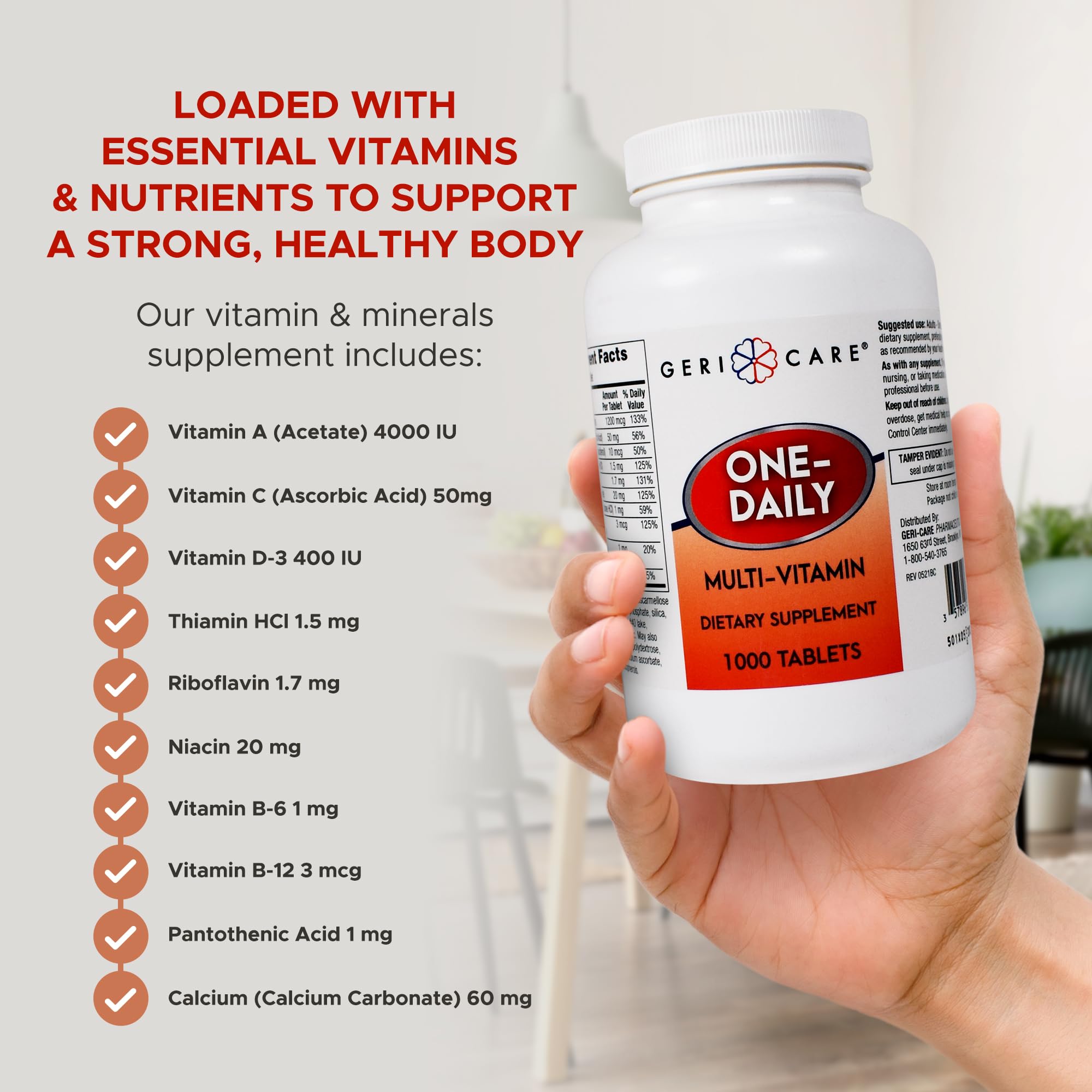 GeriCare One-Daily tablets being poured for easy daily intake.