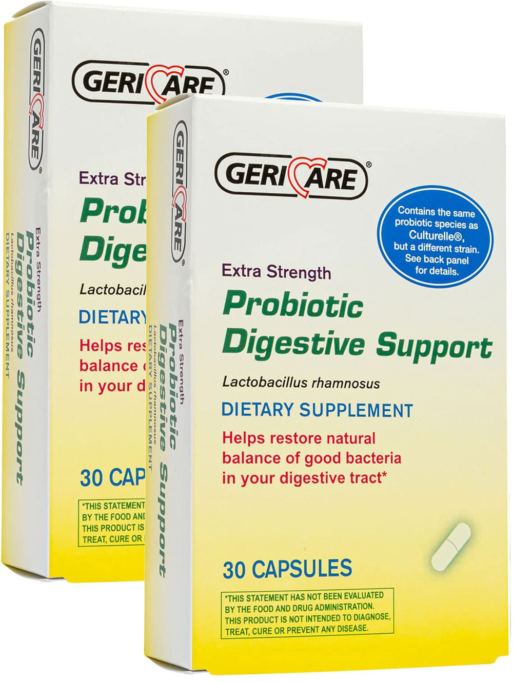 GeriCare Probiotic Digestive Support 30 capsules, two-pack for convenient daily use.