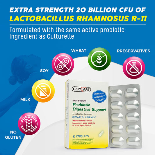 GeriCare probiotic bottle front view highlighting daily gut balance.
