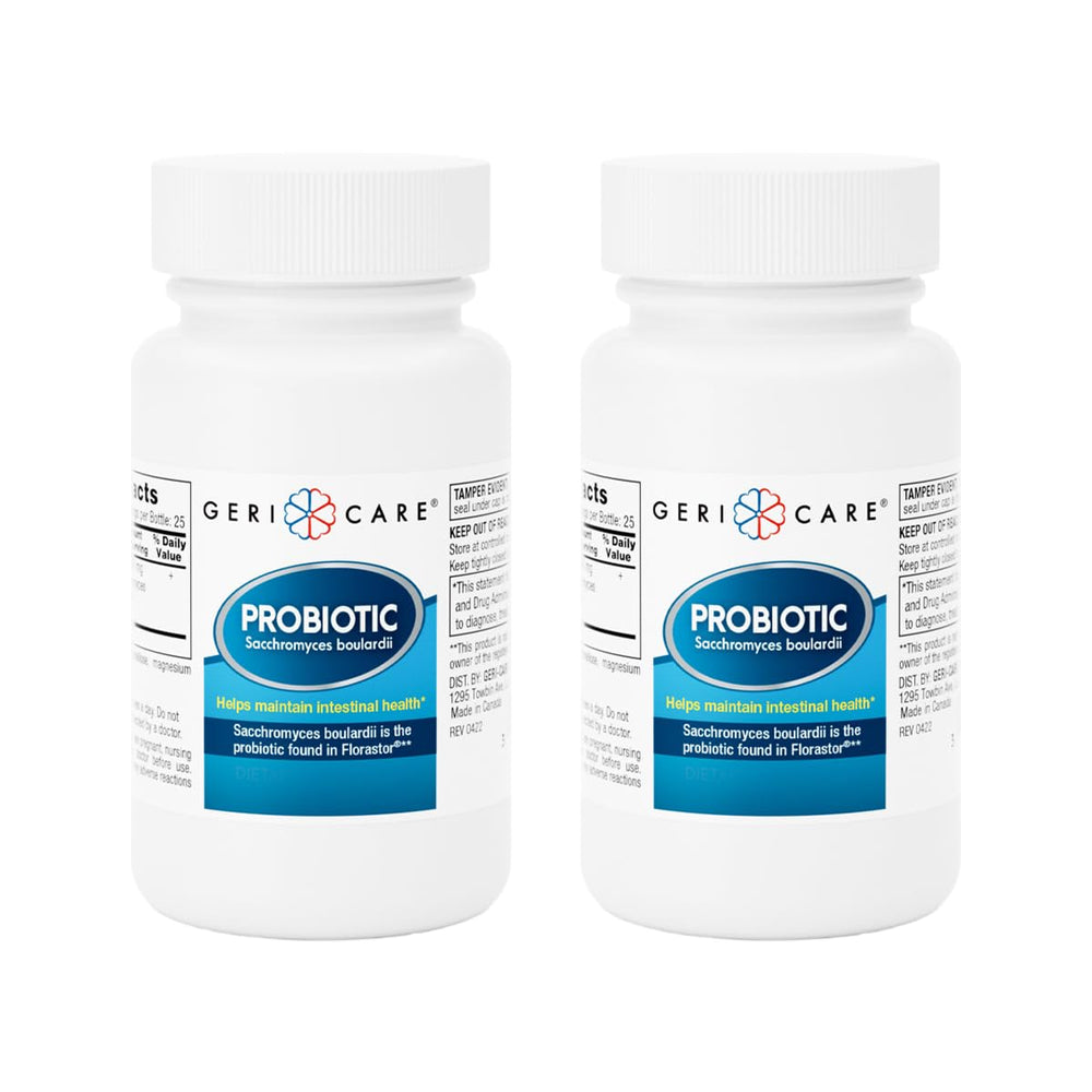 GeriCare S. boulardii bottle closeup highlighting probiotic capsules for gut balance.