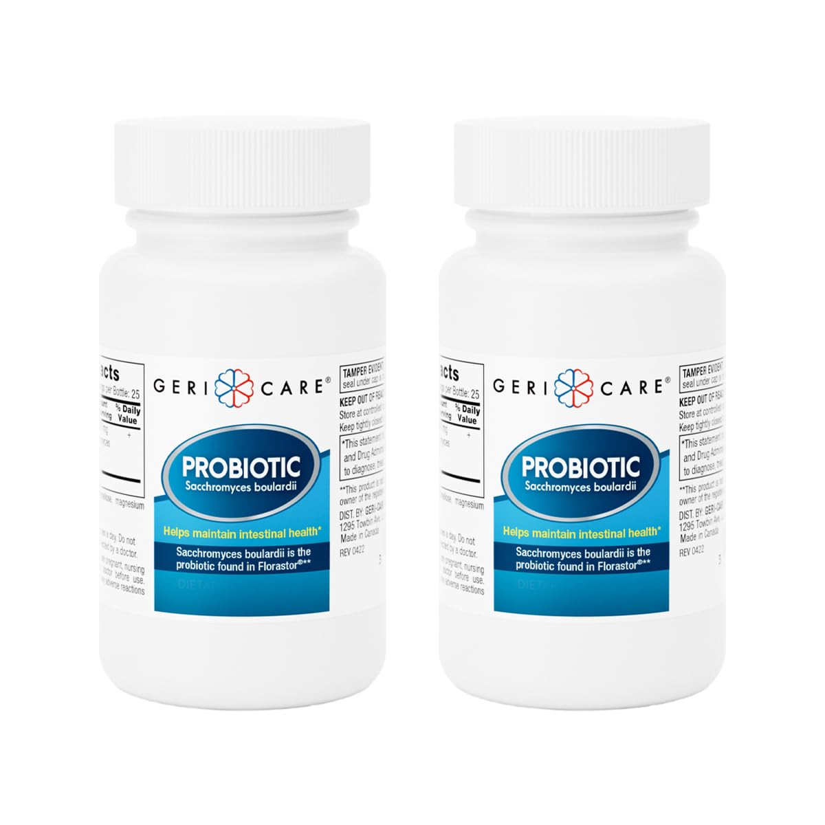 GeriCare S. boulardii bottle closeup highlighting probiotic capsules for gut balance.