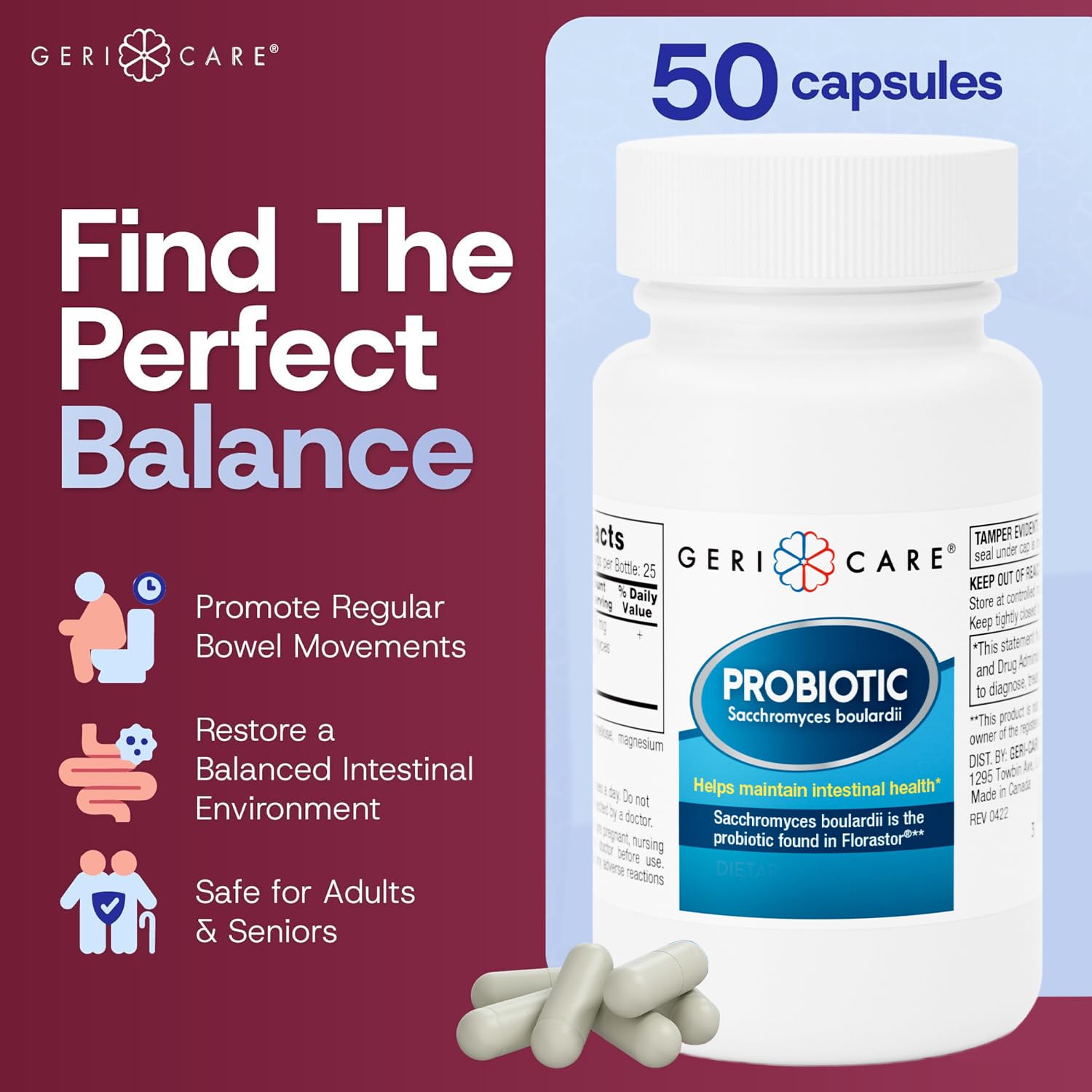 GeriCare S. Boulardii capsules close-up for convenient daily digestion.