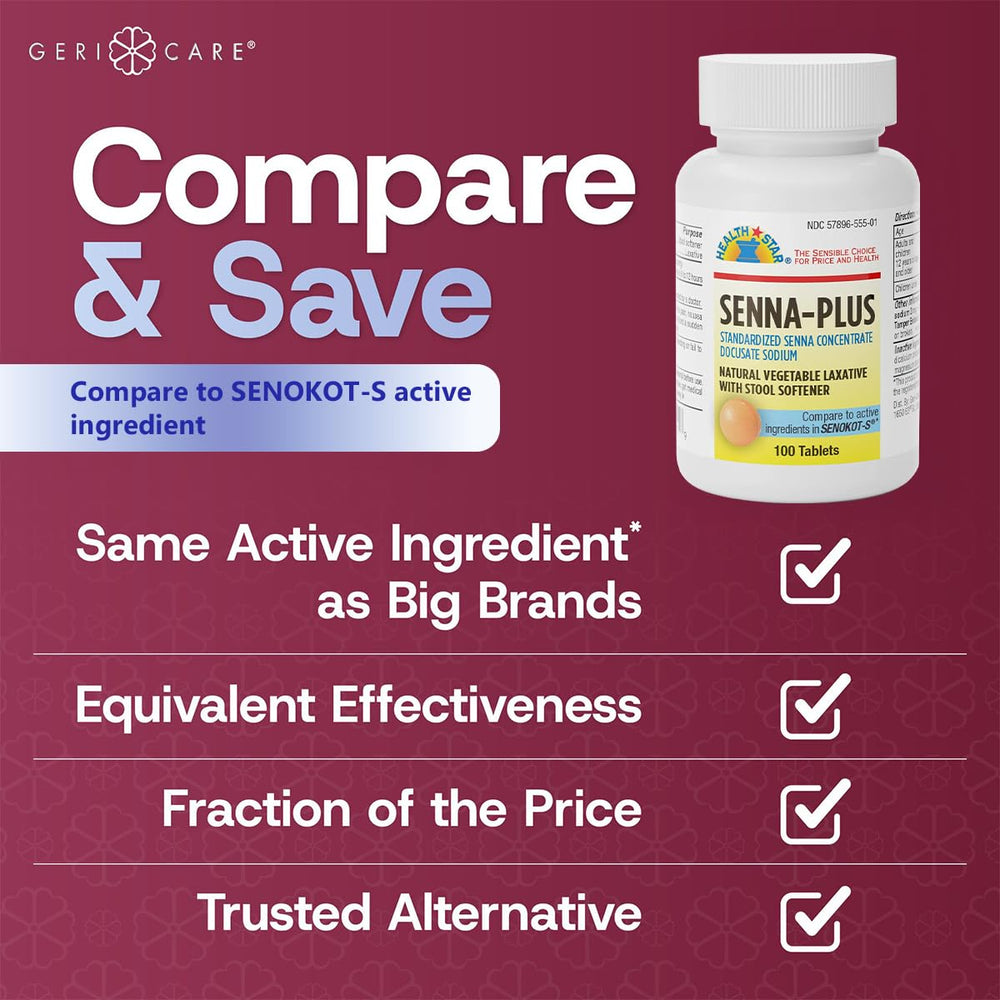 GeriCare Senna Plus box packaging highlighting a 4-pack option