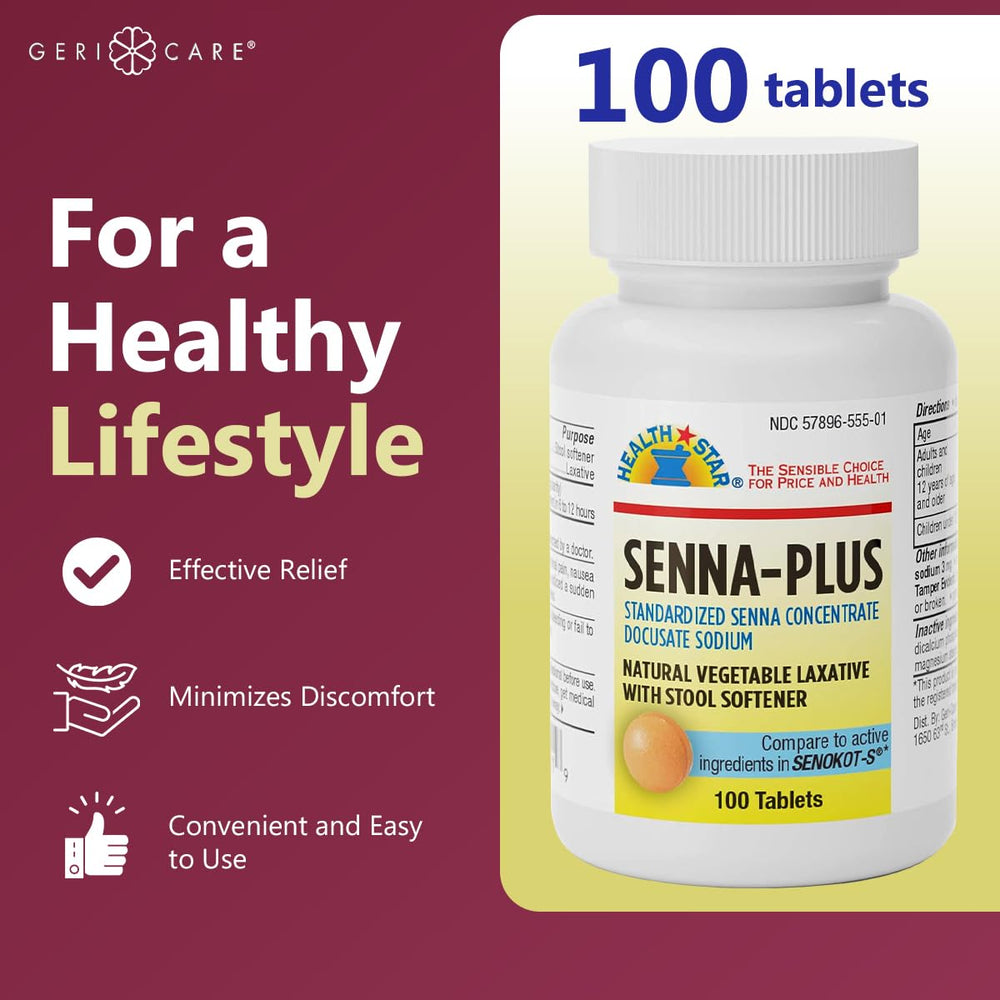 Close-up of GeriCare Senna Plus tablets displaying dual-action formula