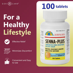 Close-up of GeriCare Senna Plus tablets displaying dual-action formula