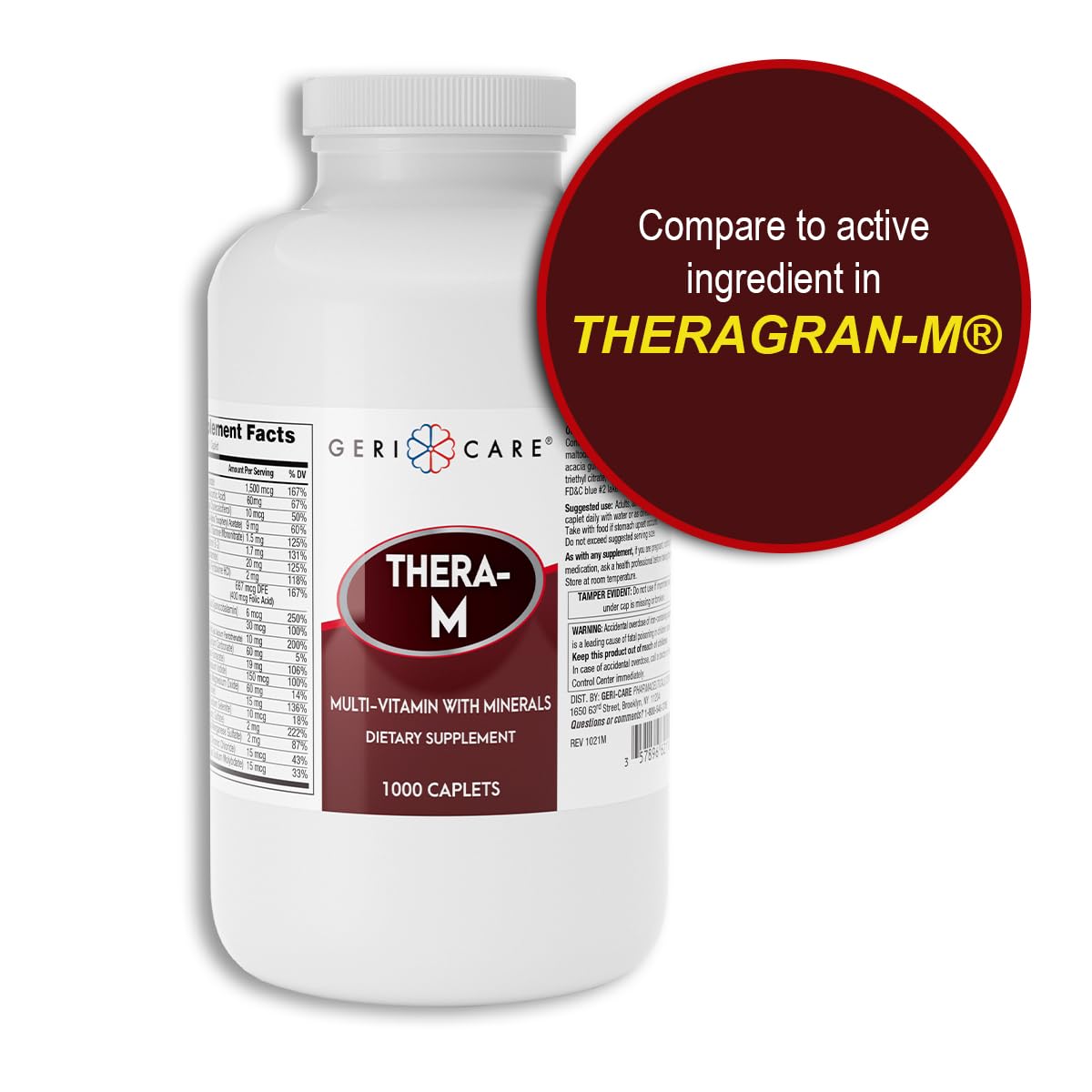 GeriCare Thera M bottle label detail lists core vitamins and minerals for comprehensive support.