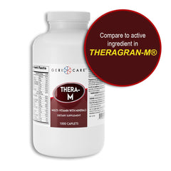 GeriCare Thera M bottle label detail lists core vitamins and minerals for comprehensive support.