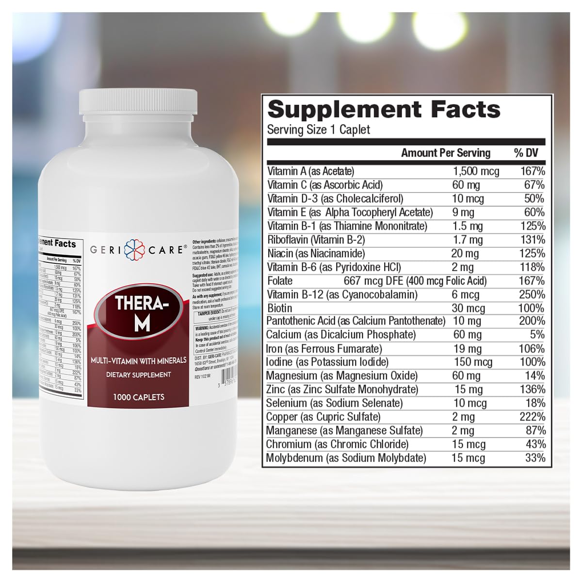 GeriCare Thera M caplets close-up, smooth tablets designed for easy daily use.