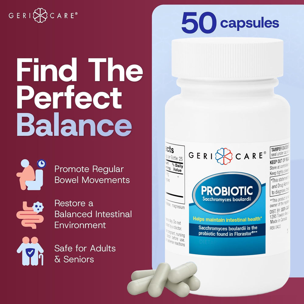 GeriCare Ultimate Probiotic bottle label highlights ingredients and lactose-free formula