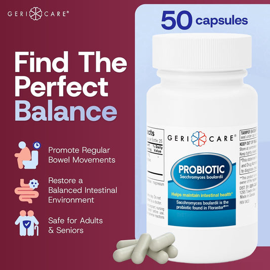 GeriCare Ultimate Probiotic bottle label highlights ingredients and lactose-free formula