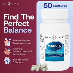 GeriCare Ultimate Probiotic bottle label highlights ingredients and lactose-free formula
