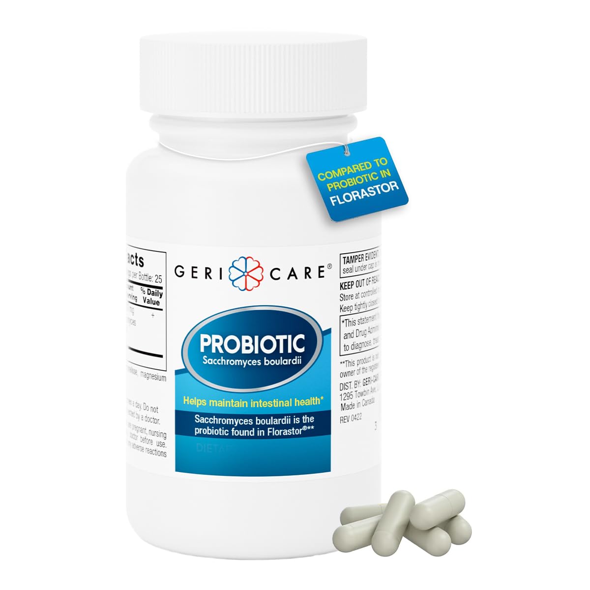 GeriCare Ultimate Probiotic nutrition panel noting serving size and allergens