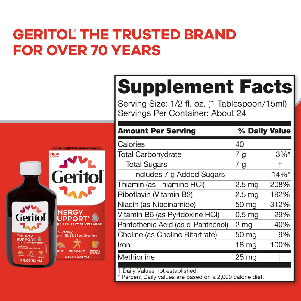 Post-meal dosage setup with Geritol liquid on the counter