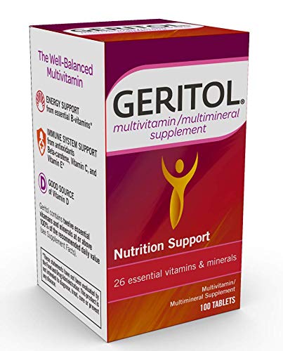 Geritol bottle with a glass of water suggesting daily use with meals