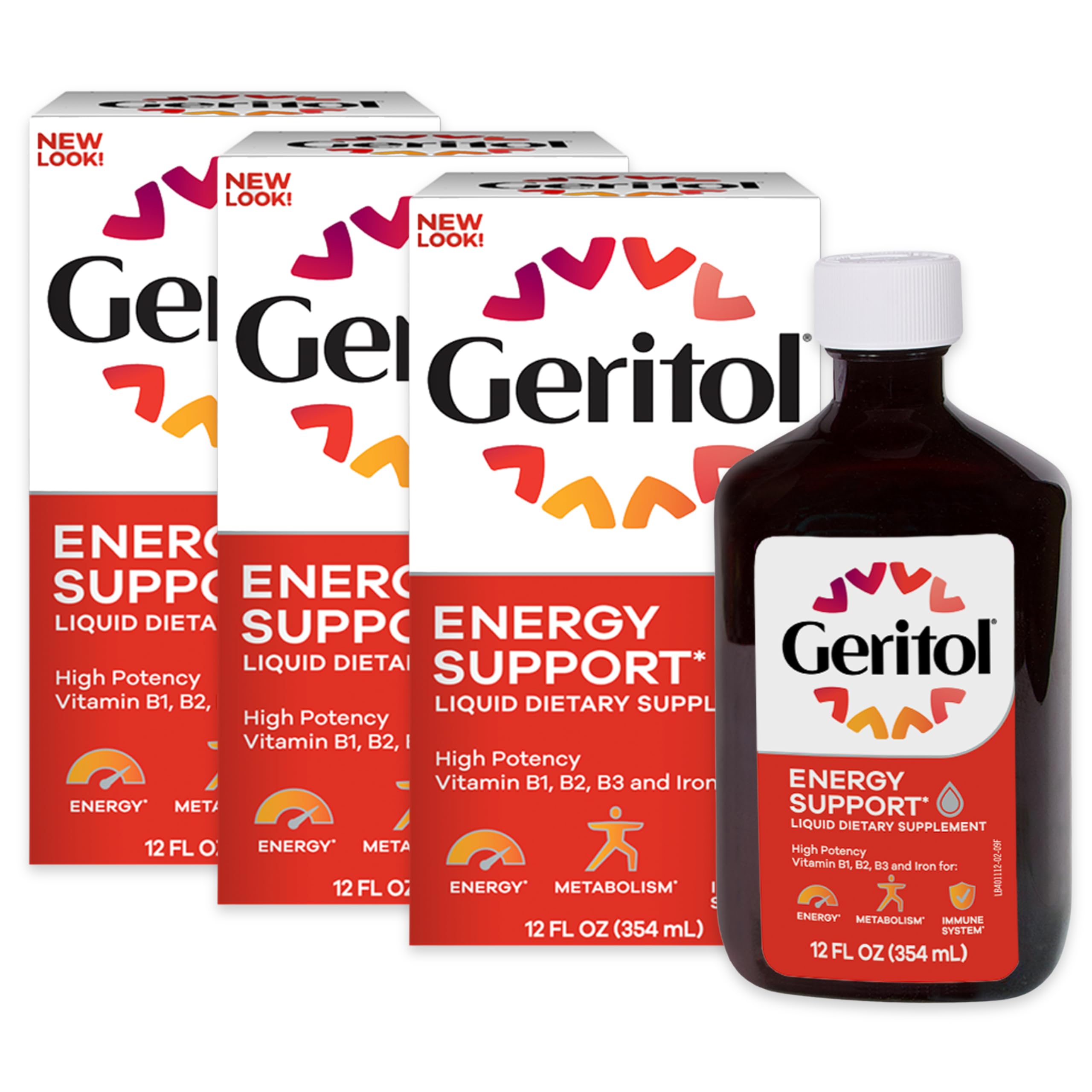 Geritol liquid bottle being poured for easy daily dosing