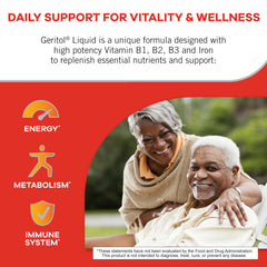 Close-up of the Geritol label showing vitamins and iron content