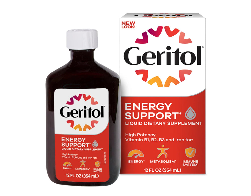 Back label with directions and USA origin information on Geritol bottle.