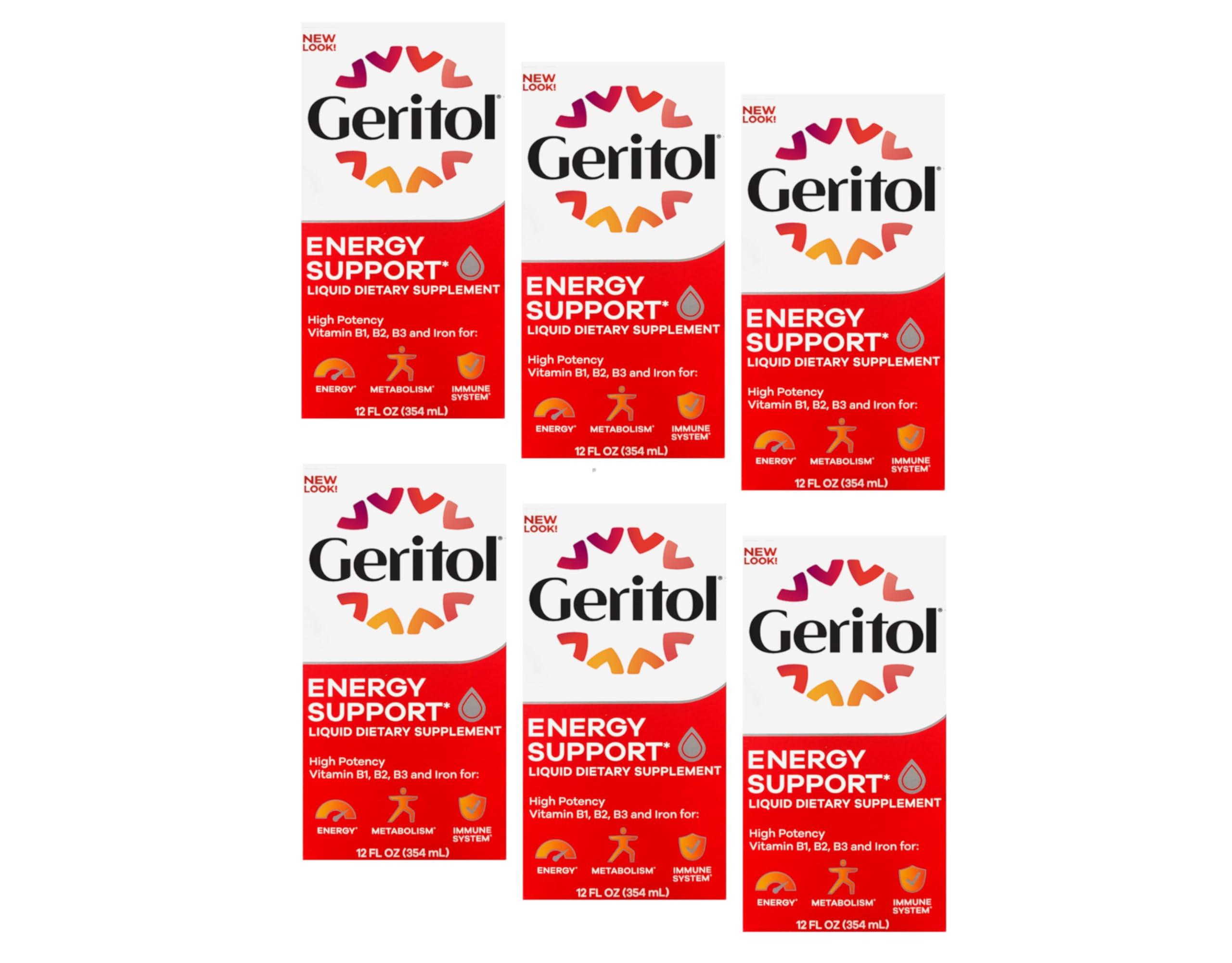 Geritol liquid bottle front view highlighting energy support for adults.