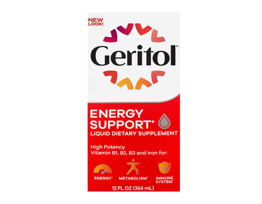 Geritol bottle label close-up showing B-vitamins and iron for daily vitality.