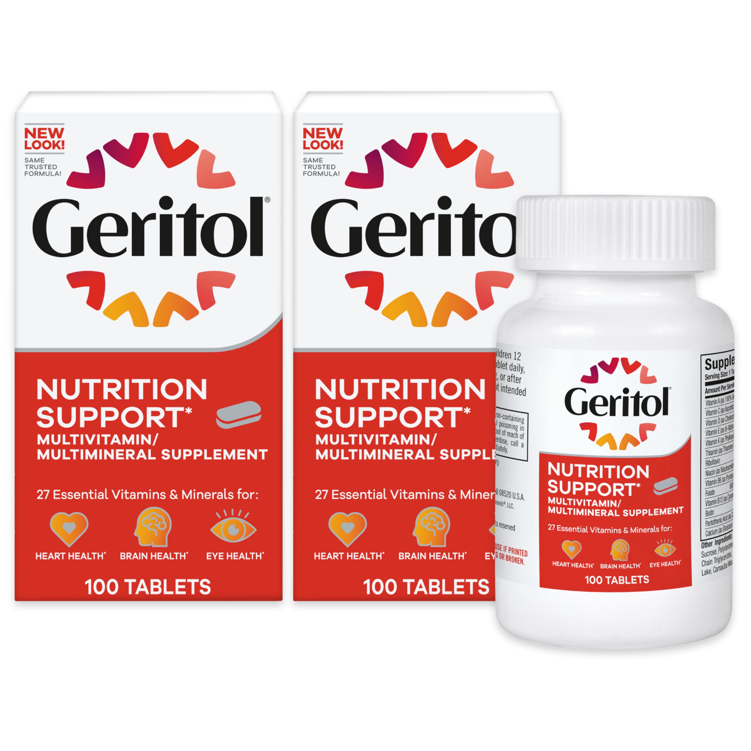 Geritol multivitamin bottle front view highlighting nutrients