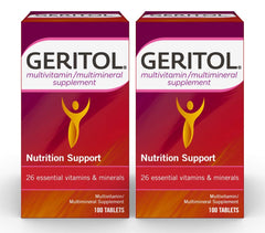 Geritol multivitamin bottle front view highlighting 26 essential nutrients for daily wellness
