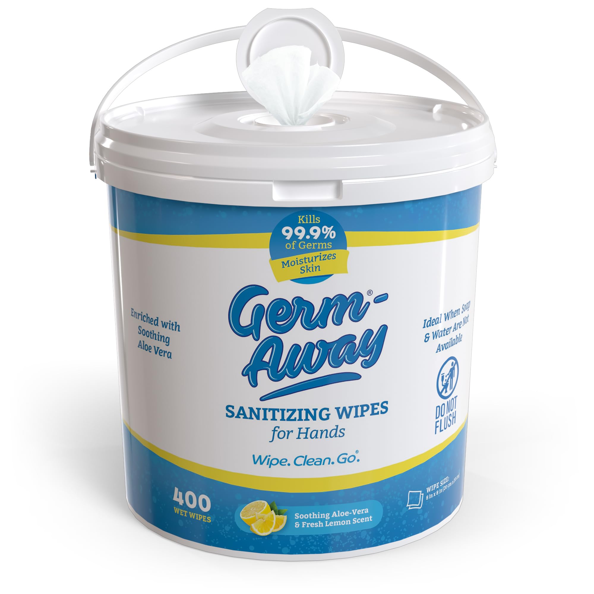 Germ-Away bulk wipes in a dispensing bucket for easy access in busy spaces.
