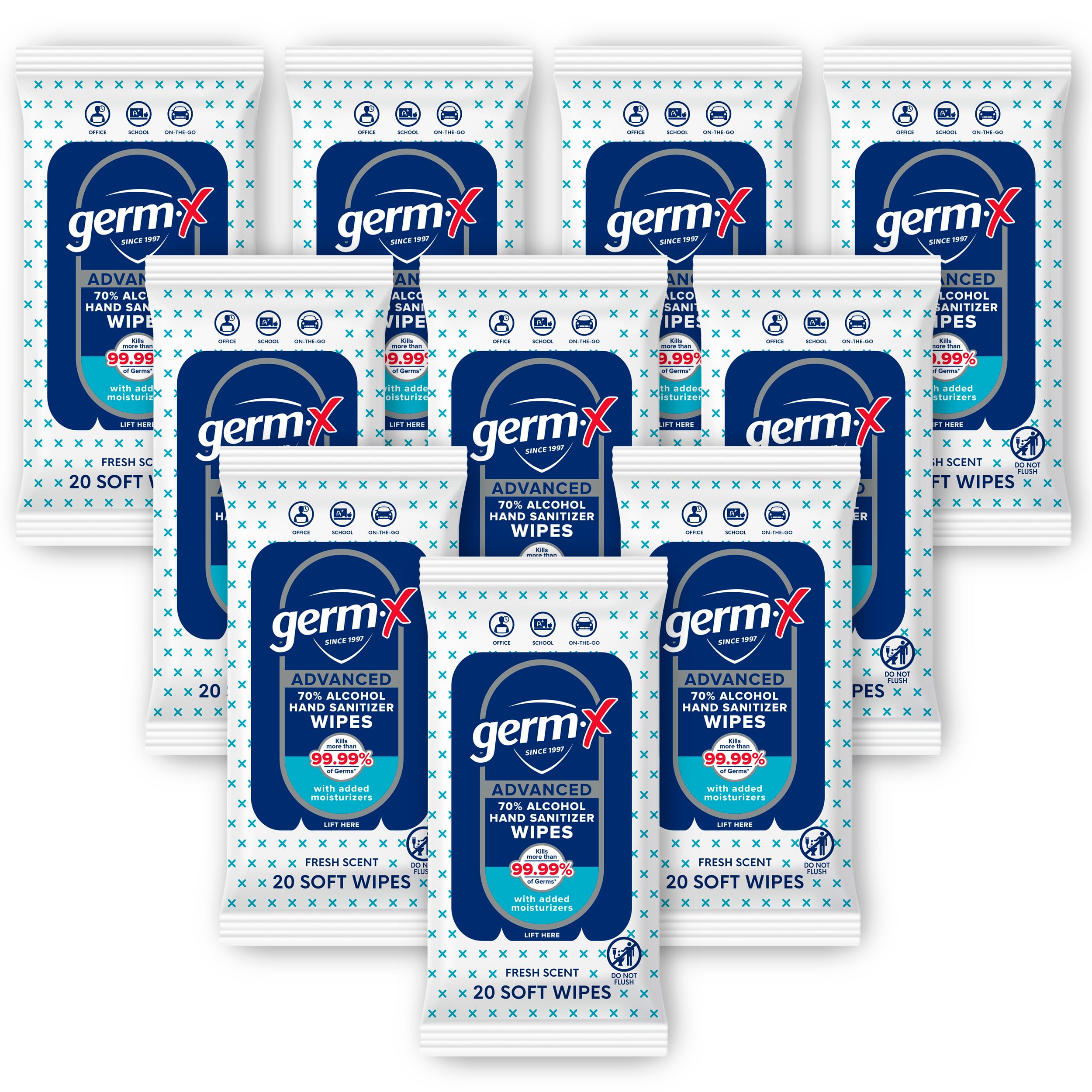 Germ-X Advanced Wipes with 20 soft wipes for portable sanitizing on the go.