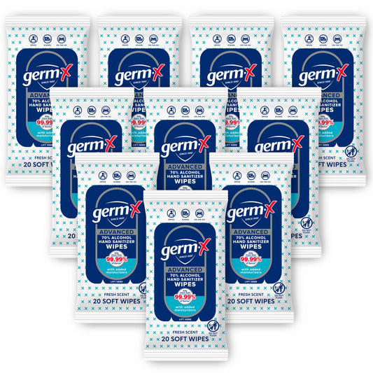 Germ-X Advanced Wipes with 20 soft wipes for portable sanitizing on the go.