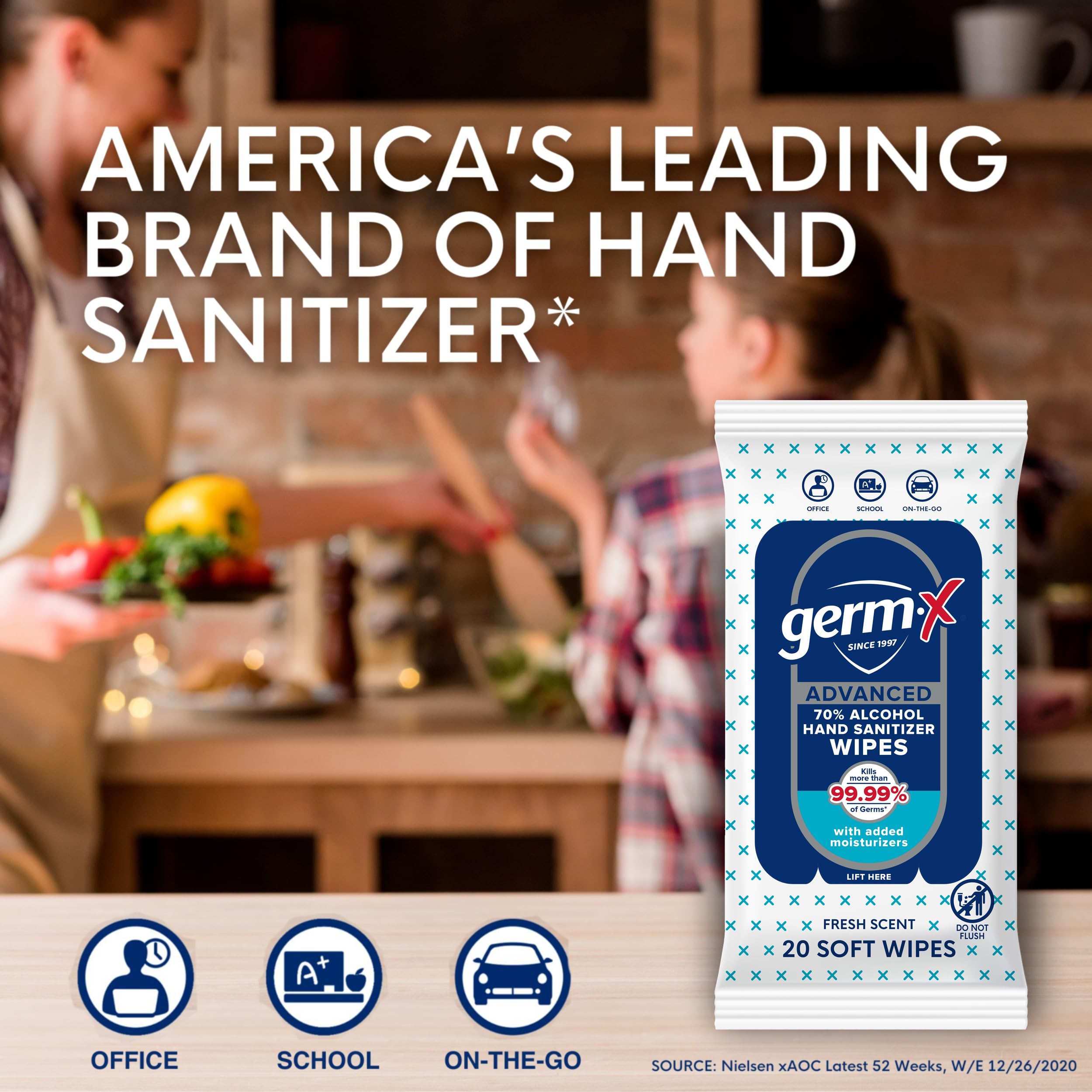 Germ-X Advanced Wipes contain 70 percent alcohol for effective sanitizing anytime.