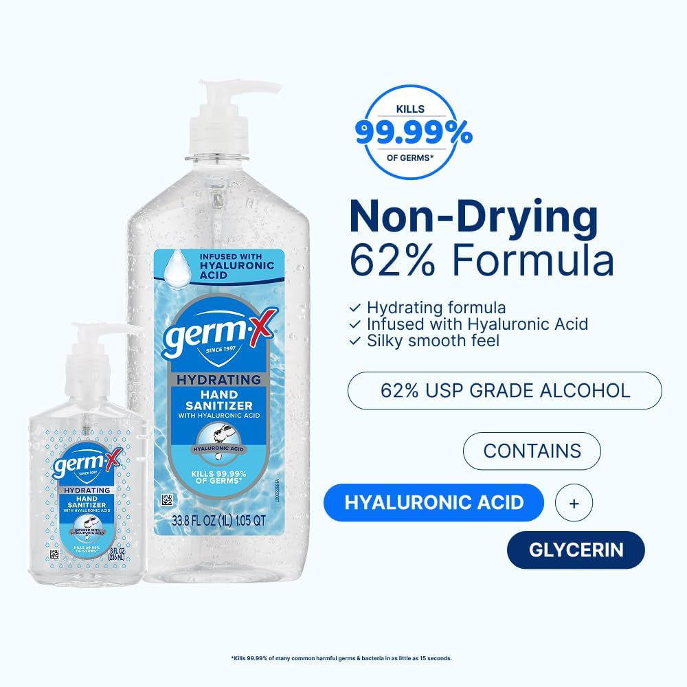 Germ-X bulk-pack 1L bottle image emphasizes value for home, school, and office.