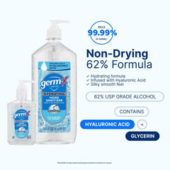 Germ-X bulk-pack 1L bottle image emphasizes value for home, school, and office.