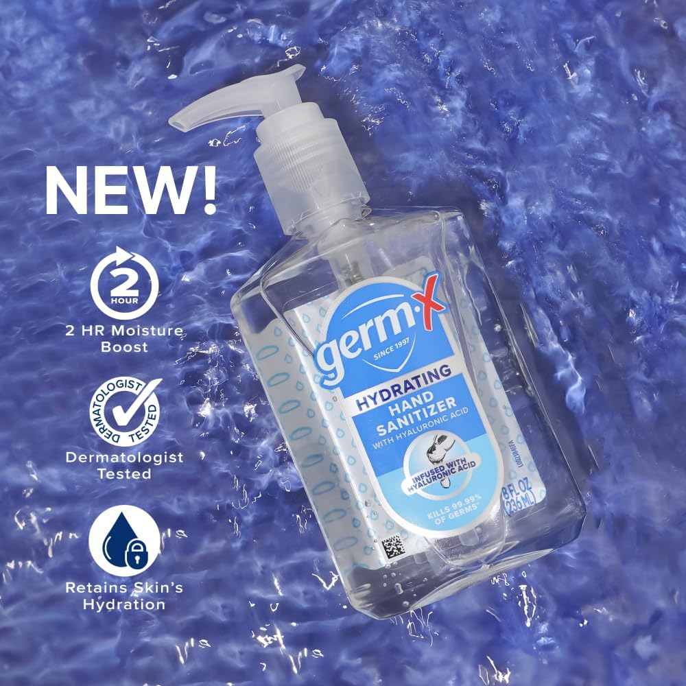 Germ-X clear gel formula image shows quick-dry texture and smooth skin feel.