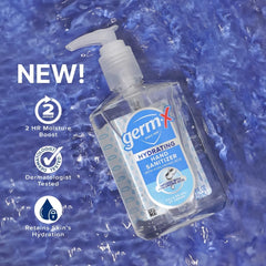 Germ-X clear gel formula image shows quick-dry texture and smooth skin feel.