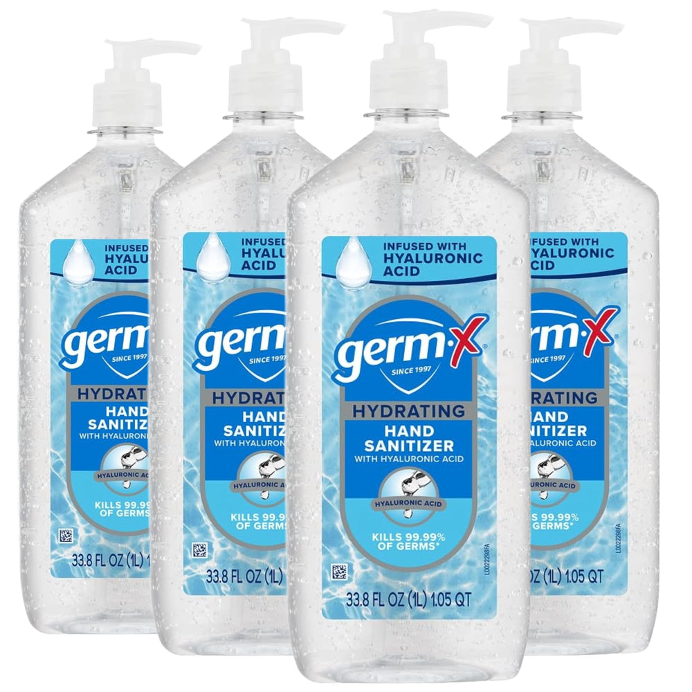 Germ-X Hydrating Hand Sanitizer with Hyaluronic Acid bottle pump for quick sanitizing and moisture.