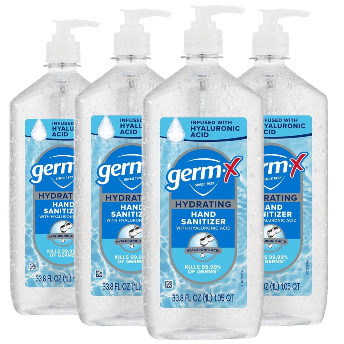 Germ-X Hydrating Hand Sanitizer with Hyaluronic Acid bottle pump for quick sanitizing and moisture.