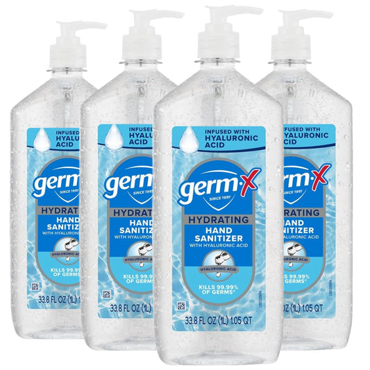 Germ-X Hydrating Hand Sanitizer with Hyaluronic Acid bottle pump for quick sanitizing and moisture.
