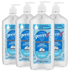 Germ-X Hydrating Hand Sanitizer with Hyaluronic Acid bottle pump for quick sanitizing and moisture.