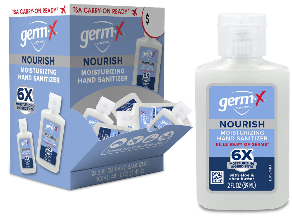 Germ-X Nourish 2oz bottle for on-the-go sanitizing and moisturizing.